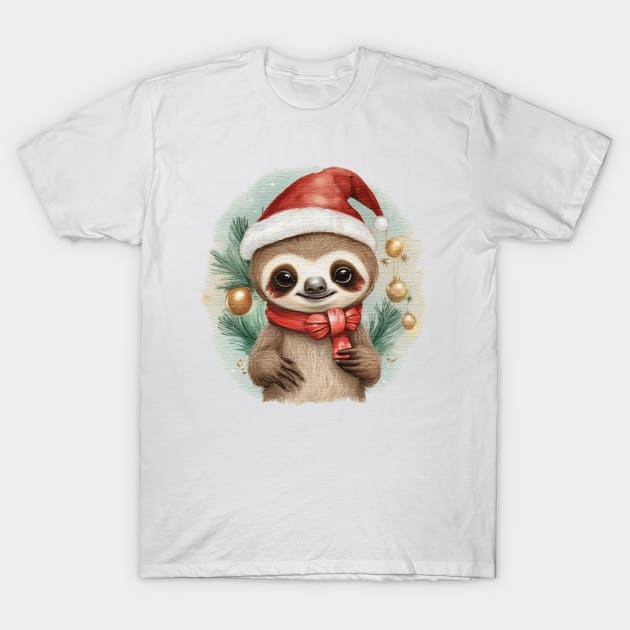 cute little baby sloth wearing a santa hat T-Shirt by JnS Merch Store